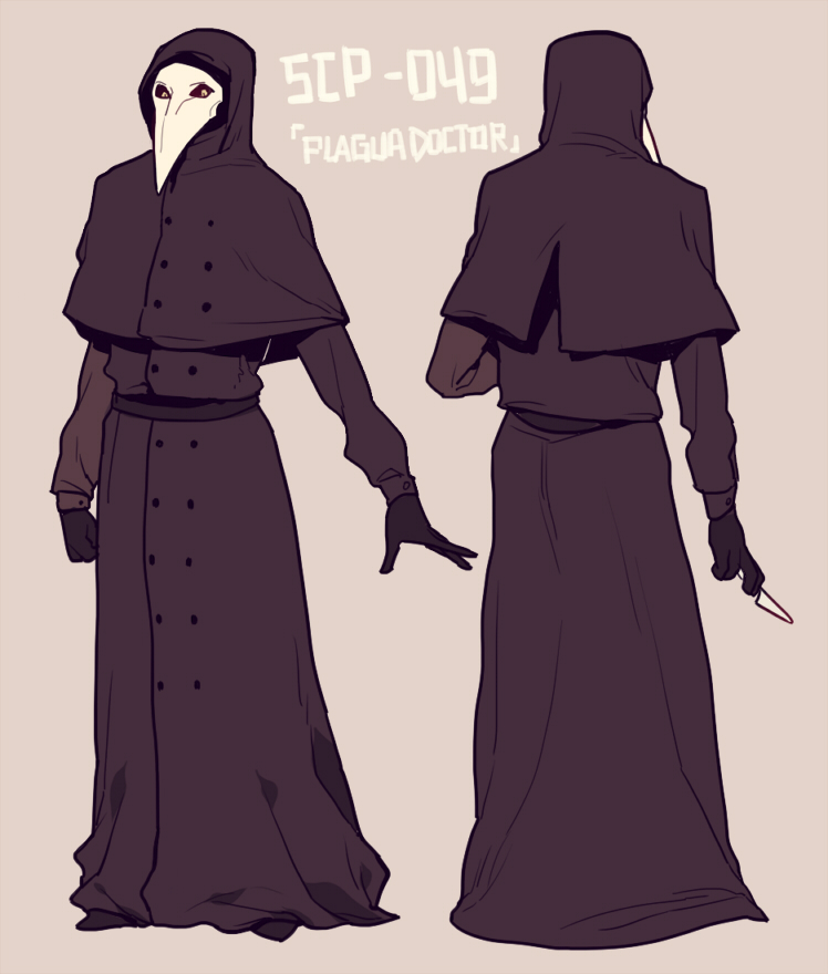 character_name, coat, gloves, hood, hooded, joychuo, kurogomu, mask, plague_doctor, scalpel, scp-049, scp_foundation, simple_background, solo