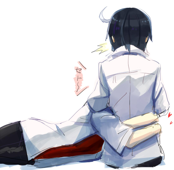 /\/\/\, 2boys, ahoge, black_hair, from_behind, hug, hyde_(under_night_in-birth), lap_pillow