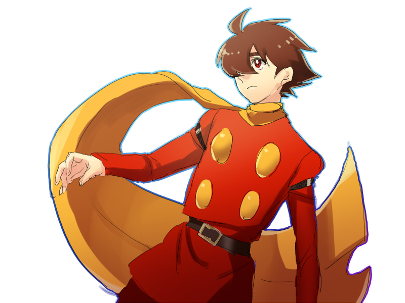 1boy, belt, brown_hair, cyborg_009, hair_over_one_eye, male, red_eyes, scarf
