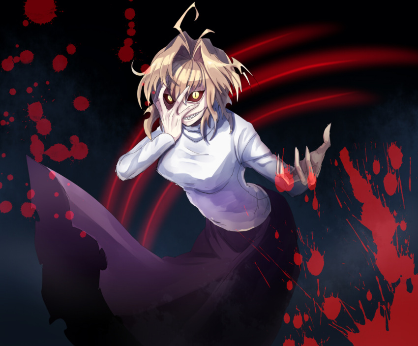 1girl, arcueid_brunestud, blonde_hair, blood, breasts, covering_face, crazy_eyes, dark_persona