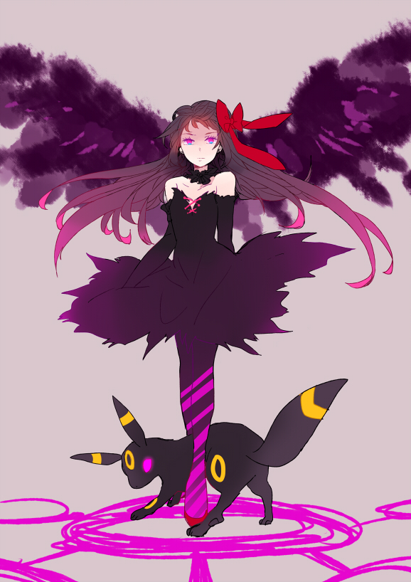 1girl, akemi_homura, akuma_homura, bare_shoulders, black_dress, black_legwear, bow, choker, crossover, dress, glowing, glowing_eyes, hair_bow, mahou_shoujo_madoka_magica, mahou_shoujo_madoka_magica_movie, pantyhose, pekikokko, pokemon, pokemon_(creature), purple_hair, spoilers, umbreon, violet_eyes, wings