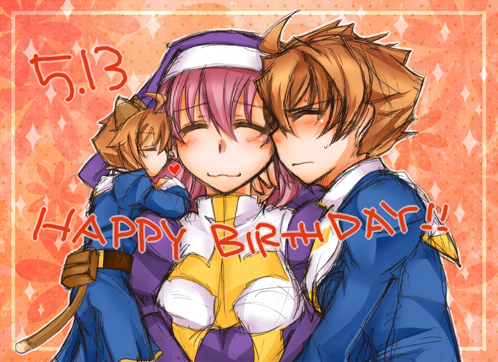 3girls, ^_^, ahoge, animal_ears, arcana_heart, blush, brown_hair, clarice_di_lanza