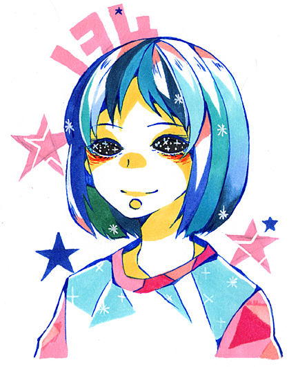 1girl, black_eyes, character_name, scp-134, scp_foundation, seriko_(seo77000), smile, solo, star