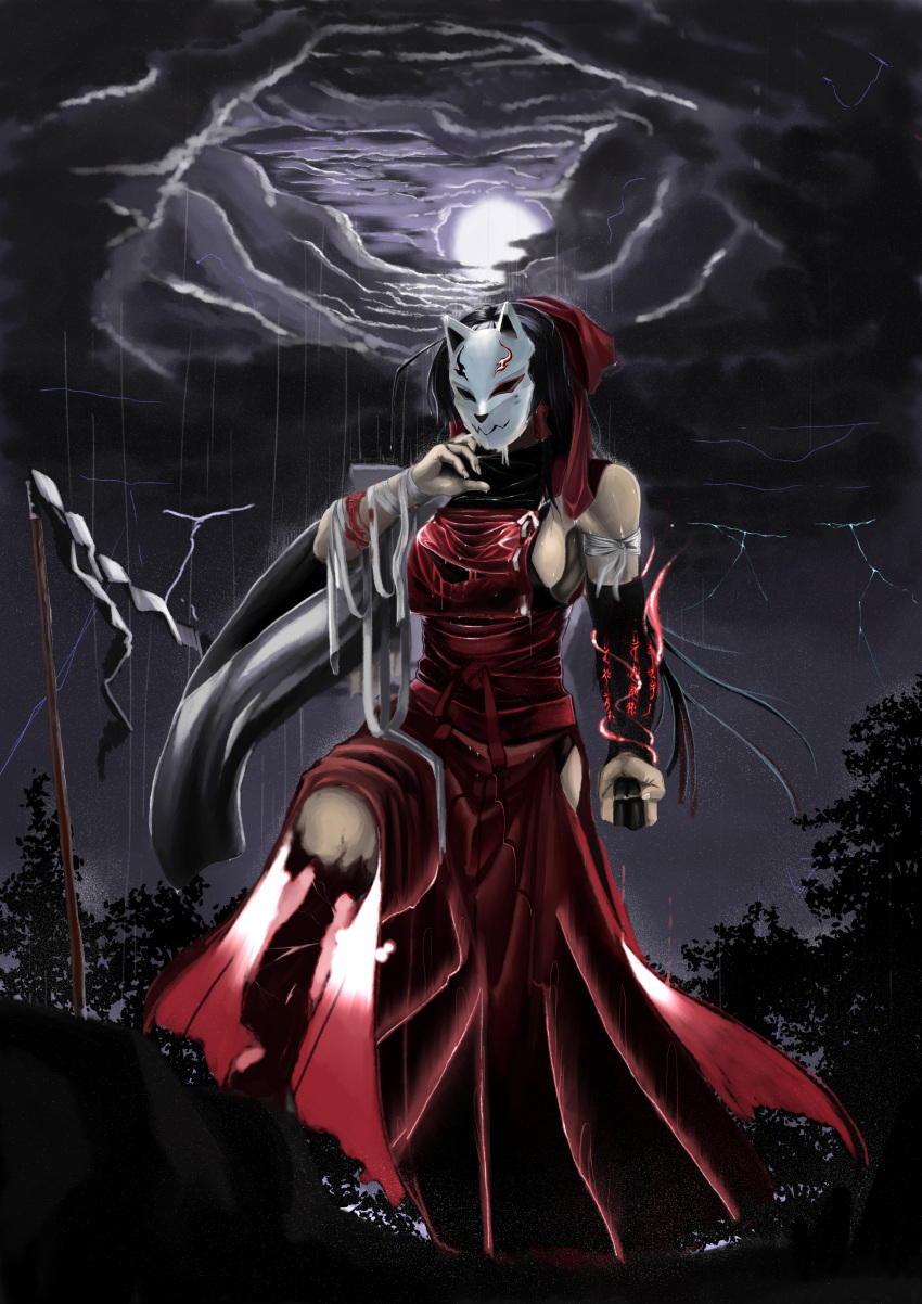1girl, absurdres, bandages, black_hair, blood, bow, breasts, clenched_hand, cloudy_sky, cuts, detached_sleeves, fox_mask, glowing, gohei, hair_bow, hair_tubes, hakama, highres, hood, injury, japanese_clothes, large_breasts, leotard, lightning, m.u.g.e.n, mask, muscle, night, night_sky, nontraditional_miko, onimiko, original, planted_weapon, rain, rei_hana_(nachis514), sendai_hakurei_no_miko, shirt, sideboob, single_elbow_glove, single_sleeve, skirt, skirt_set, sky, solo, star_(sky), starry_sky, torn_clothes, touhou, translation_request, weapon, wide_sleeves