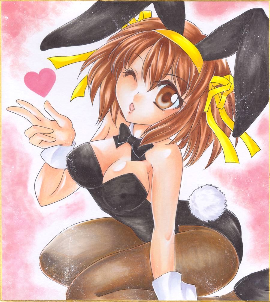 1girl, amedama_(mikan_ame), animal_ears, bowtie, brown_eyes, brown_hair, bunny_tail, bunnysuit, detached_collar, kiss, kneeling, pantyhose, rabbit_ears, short_hair, suzumiya_haruhi, suzumiya_haruhi_no_yuuutsu, tail, traditional_media, wrist_cuffs