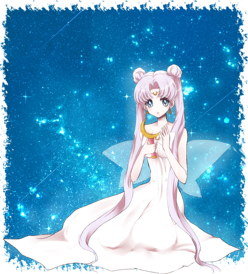 1girl, bishoujo_senshi_sailor_moon, blue_background, blue_eyes, bow, crescent, double_bun, dress