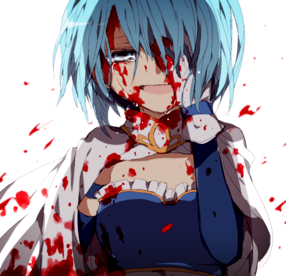 1girl, armband, blood, blood_on_face, bloody_clothes, blue_eyes, blue_hair, cape