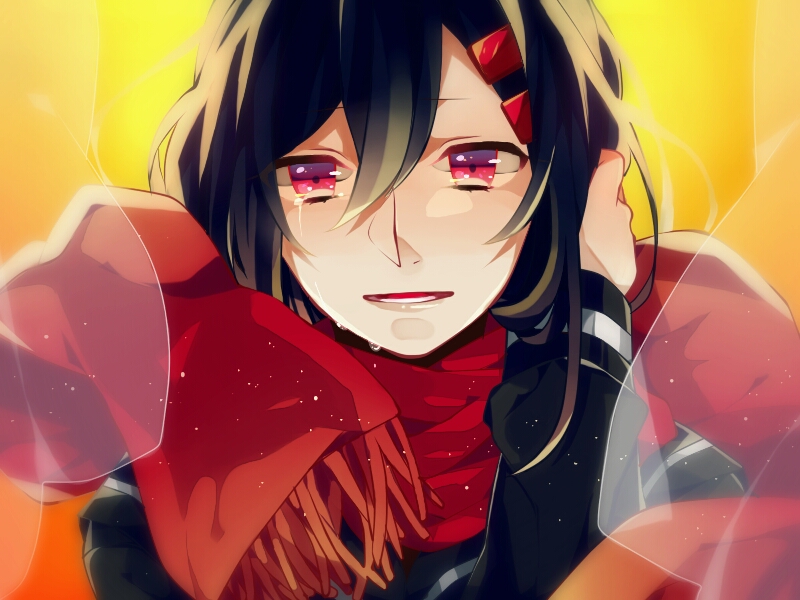 1girl, ayano_(kagerou_project), black_hair, hair_ornament, hairclip, hisame, kagerou_project, long_hair, red_eyes, scarf, school_uniform, smile, tears