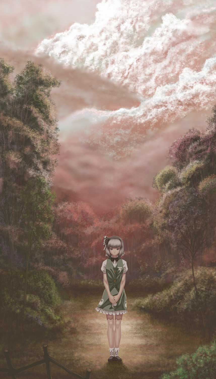 1girl, bow, clouds, cloudy_sky, forest, frilled_skirt, frills, full_body, green_eyes, hairband, highres, kai_(ouf), konpaku_youmu, looking_at_viewer, nature, outstretched_arms, puffy_sleeves, red_sky, ribbon, shirt, shoes, short_hair, short_sleeves, silver_hair, skirt, skirt_set, sky, socks, solo, touhou, tree, vest, white_legwear, white_shirt