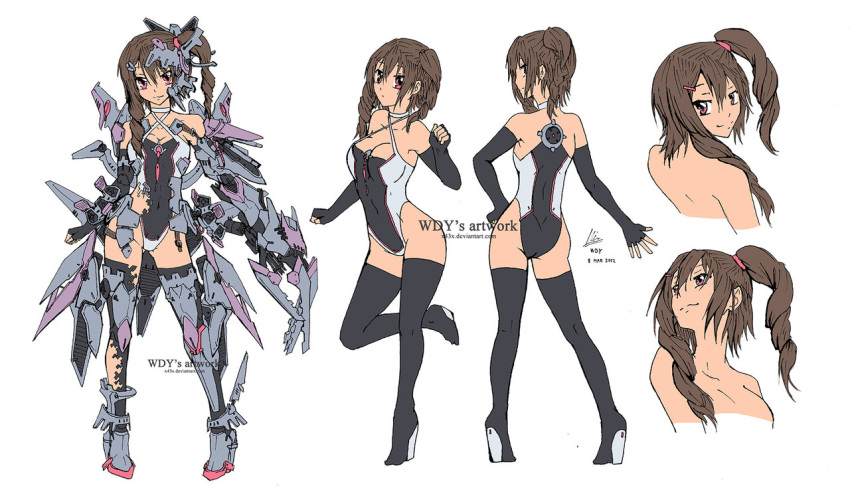 1girl, armlet, armor, armpits, ass, back, bangs, bare_shoulders, barrette, black_gloves, black_legwear, bodysuit, boots, breasts, brown_hair, bust, character_sheet, choker, cleavage, clenched_hand, clenched_hands, collarbone, concept_art, covered_navel, criss-cross_halter, dated, deviantart, drill_hair, elbow_gloves, elbow_pads, fingerless_gloves, full_body, gatling_gun, gloves, gluteal_fold, gun, hair_between_eyes, hair_ornament, hairclip, halter_top, halterneck, hand_on_hip, hand_up, head_tilt, headdress, headgear, headset, high_heel_boots, high_heels, highleg, highleg_leotard, jewelry, knee_pads, leaning, leg_armor, leg_lift, leg_up, leotard, long_hair, looking_at_viewer, looking_away, looking_back, looking_up, mecha_musume, mechanical_arm, original, outstretched_arm, pigeon-toed, red_eyes, rubber_band, shoes, short_hair_with_long_locks, side_ponytail, sideboob, simple_background, skin_tight, smile, standing, standing_on_one_leg, thigh_boots, thighhighs, topless, torn_clothes, torn_leotard, torn_thighhighs, turnaround, twin_drills, twintails, watermark, weapon, web_address, white_background