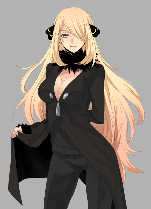 1girl, blonde_hair, breasts, cleavage, fur_trim, hair_ornament, hair_over_one_eye, hinase_kei, long_coat, long_hair, pokemon, pokemon_(game), pokemon_dppt, shirona_(pokemon), smile, solo, very_long_hair, yellow_eyes