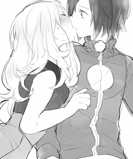 1boy, 1girl, blush, calme_(pokemon), closed_eyes, couple, hetero, jacket, kiss, long_hair, monochrome, no_hat, petitbisou, pokemon, pokemon_(game), pokemon_xy, rough, serena_(pokemon), short_hair, skirt, sleeveless