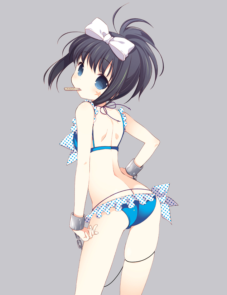 1girl, ass, bikini, black_hair, blue_eyes, blush, bow, chain