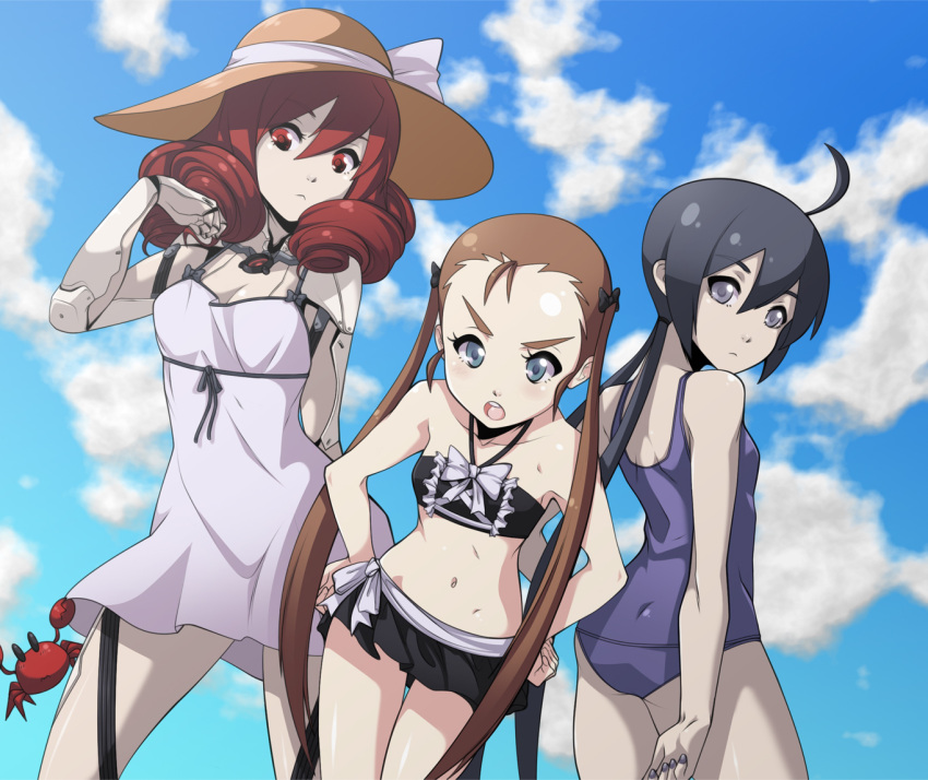 3girls, android, bikini, black_hair, blue_sky, brown_hair, crab, dress