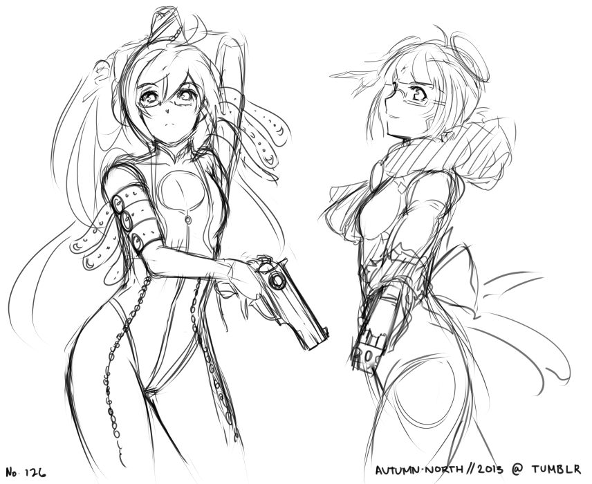 2girls, ahoge, arm_strap, autumn-north, bayonetta, bayonetta_(character), bayonetta_(cosplay), bodysuit