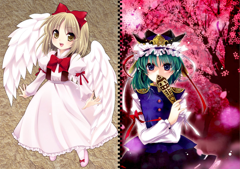2girls, :d, angel_wings, blonde_hair, blue_eyes, blush, bow, bowtie, cherry_blossoms, covering_mouth, crown, dress, epaulettes, gengetsu, green_hair, hair_bow, juliet_sleeves, long_sleeves, multiple_girls, open_mouth, puffy_sleeves, ribbon, rod_of_remorse, sash, shikieiki_yamaxanadu, short_hair, smile, touhou, touhou_(pc-98), tree, wings, yellow_eyes, yukian