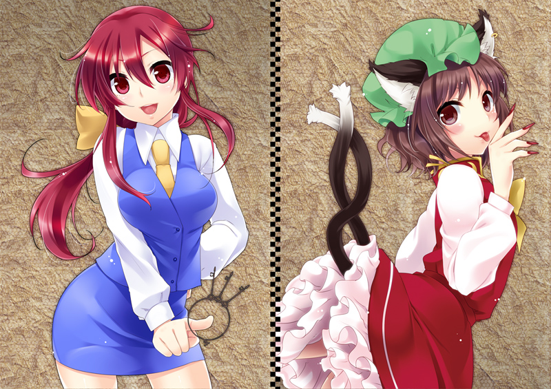 2girls, :p, alternate_costume, animal_ears, blush, bow, brown_eyes, brown_hair