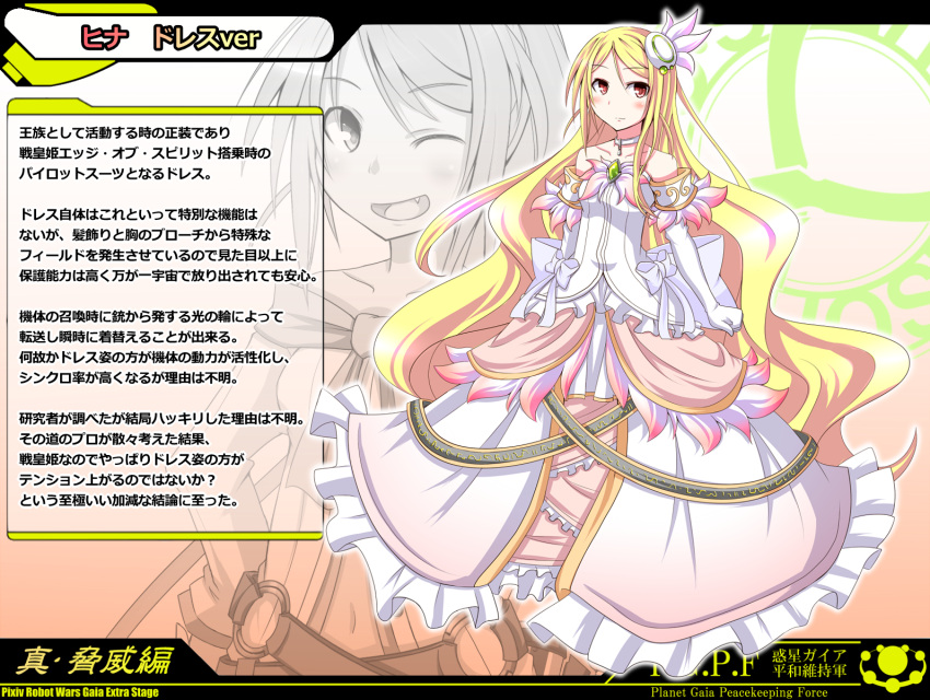 1girl, blonde_hair, blush, dress, highres, hina_(minato_teisyoku), long_hair, looking_at_viewer, minato_teisyoku, navel, open_mouth, original, pixiv_robot_wars_gaia, red_eyes, smile, solo, translation_request, very_long_hair, wink, zoom_layer