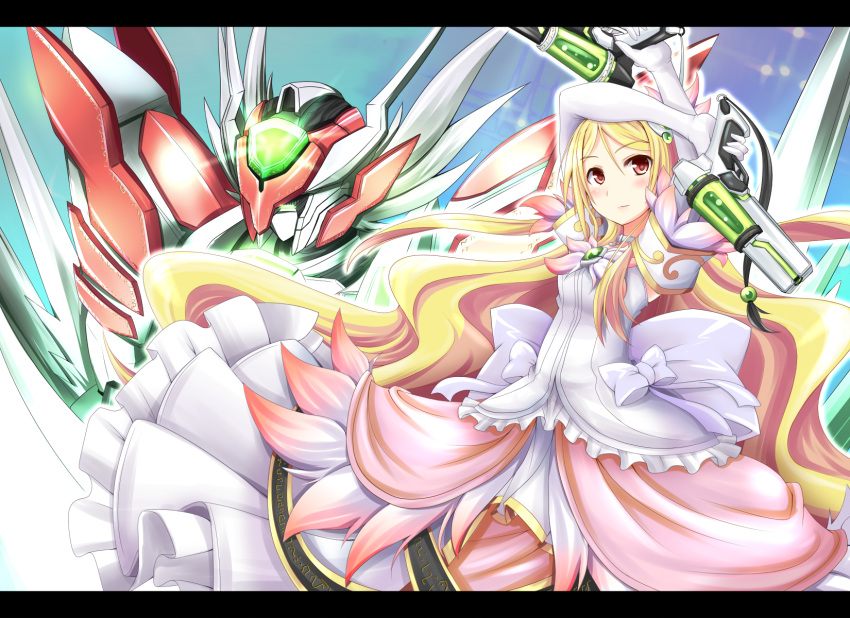 1girl, arms_up, blonde_hair, blush, dress, dual_wielding, gun, highres