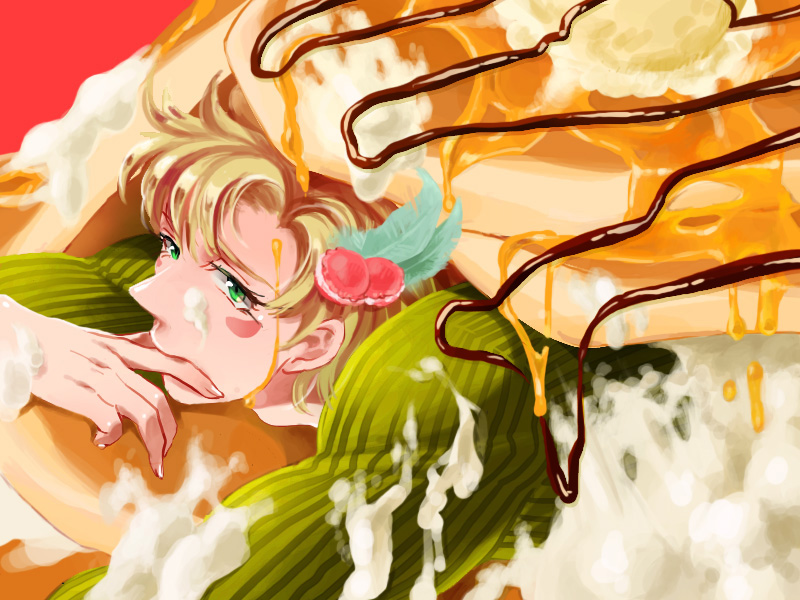1boy, blonde_hair, caesar_anthonio_zeppeli, facial_mark, feathers, food, food_on_face, green_eyes