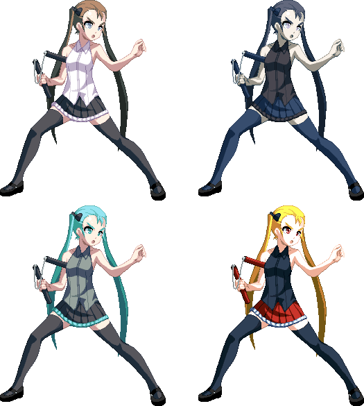 alternate_color, aqua_eyes, aqua_hair, black_legwear, blonde_hair, blue_eyes, brown_hair, cosplay, fearless_night, fighting_stance, flat_chest, forehead, grey_eyes, hatsune_miku_(cosplay), nunchaku, original, pale_skin, pixelated, pleated_skirt, poco_muerte, princess_pettanko, red_eyes, skirt, sleeveless, solo, spikewible, thighhighs, twintails, vocaloid, weapon, zettai_ryouiki