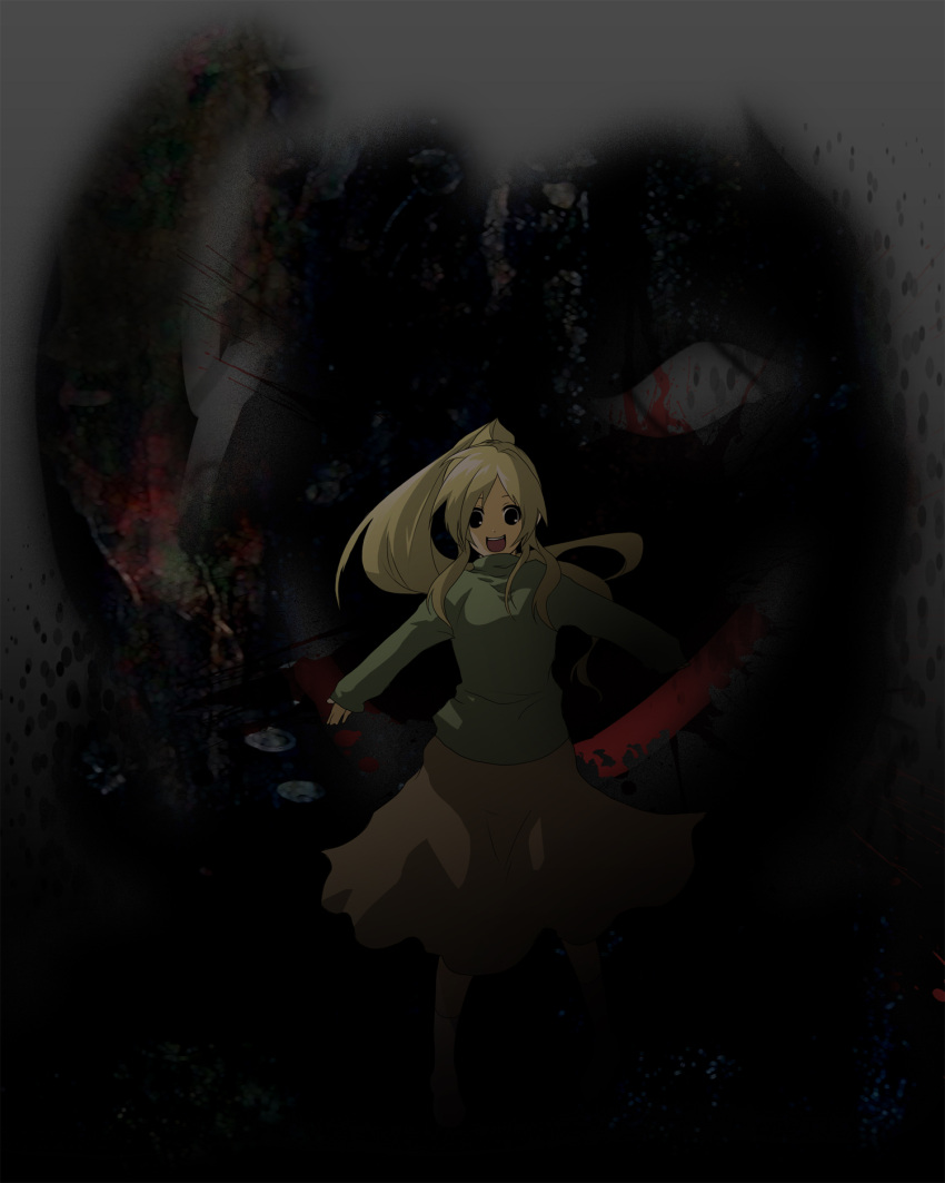 1girl, blonde_hair, dakkarubi, highres, long_hair, looking_at_viewer, open_mouth, poniko, ponytail, shadow, smile, uboa, yume_nikki
