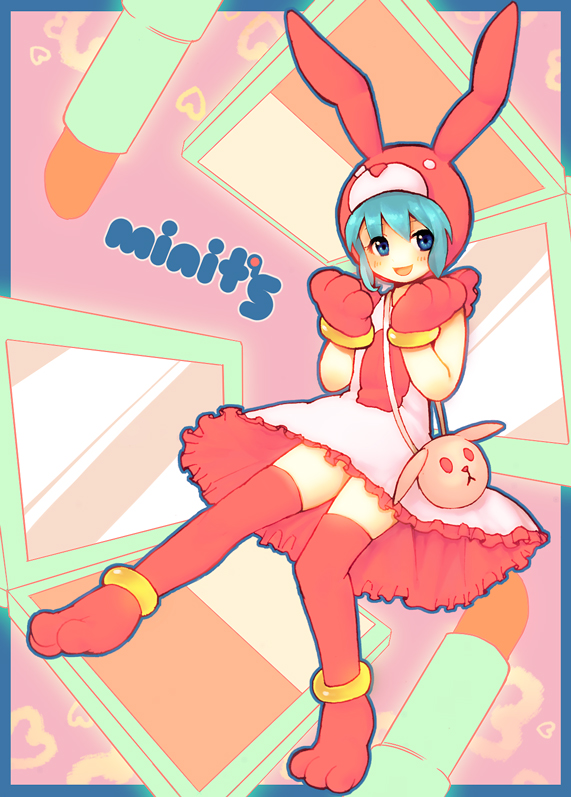 1girl, animal_ears, aqua_hair, blue_eyes, blush, bunny_ears, nikaidou_(muramura69), open_mouth, paws, smile, solo, sound_horizon, thighhighs
