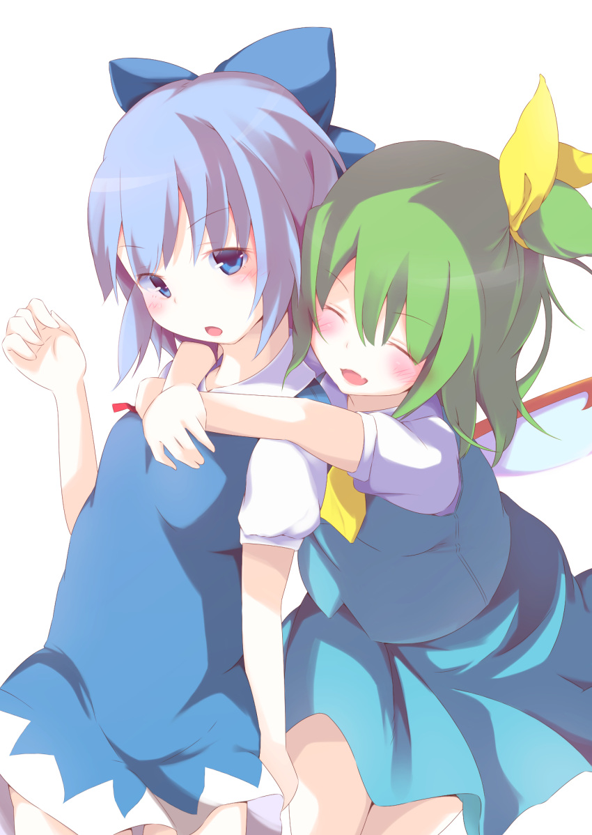 2girls, arm_up, blue_eyes, blue_hair, blush, bow, cirno, closed_eyes