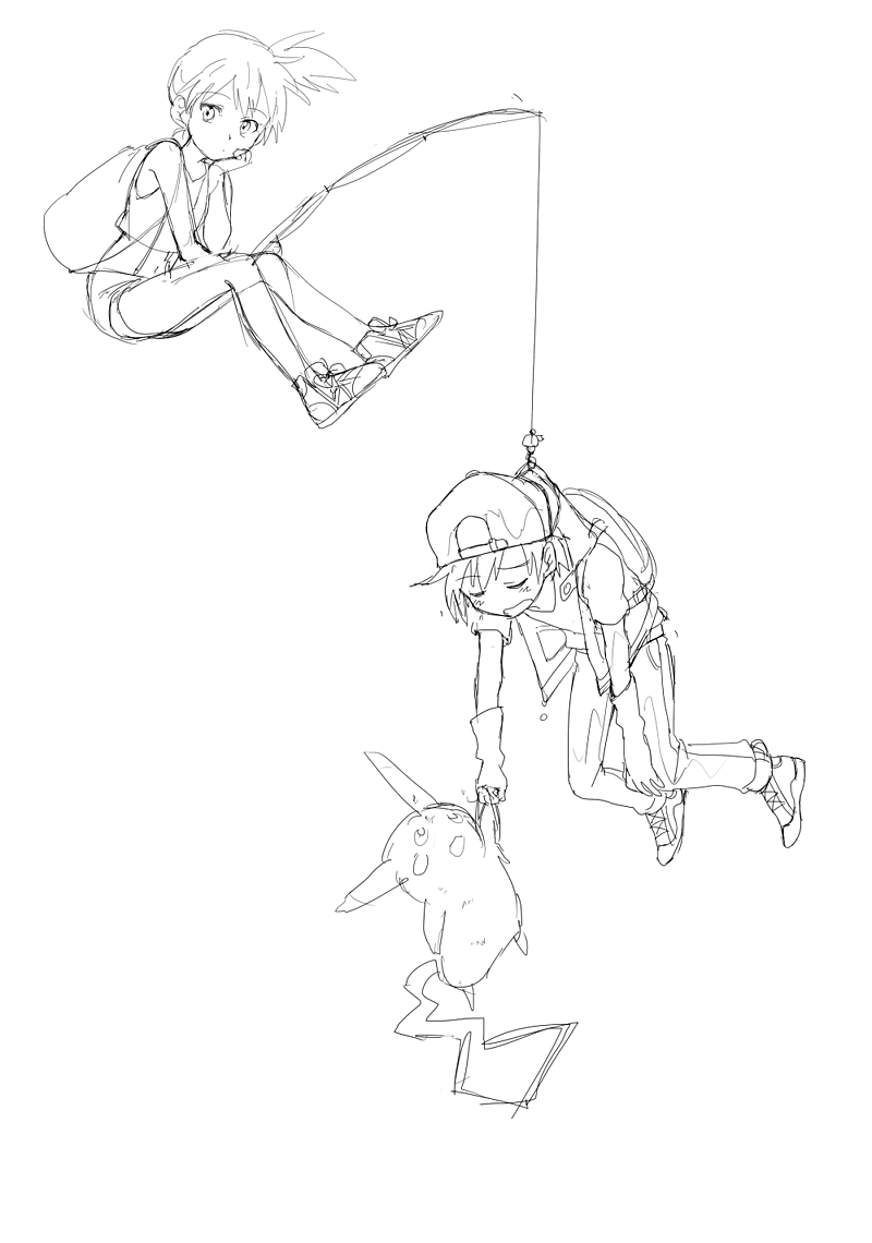 1boy, 1girl, ash_ketchum_(pokemon), backpack, backwards_hat, bag, closed_eyes, fishing_line