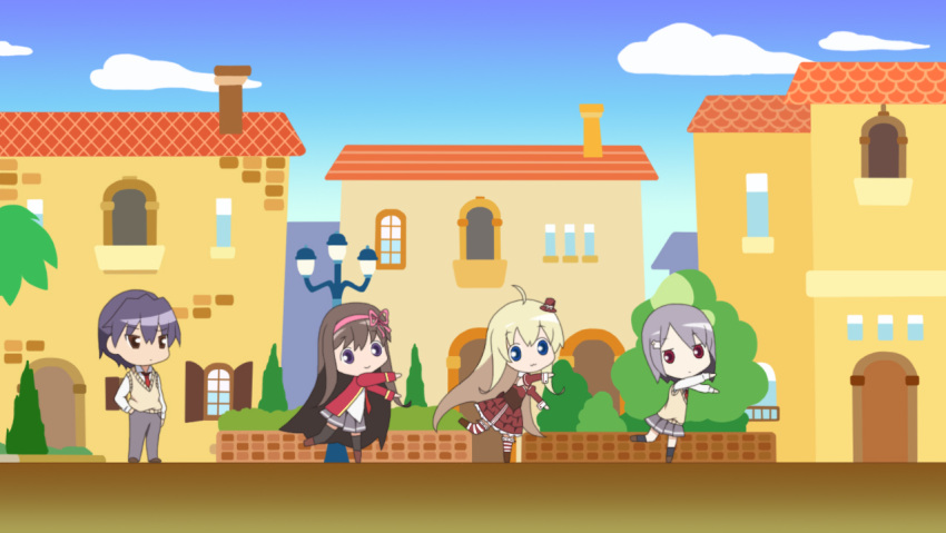 1boy, 3girls, ahoge, amakusa_kanade, animal_hair_ornament, blazer, blonde_hair, blue_eyes
