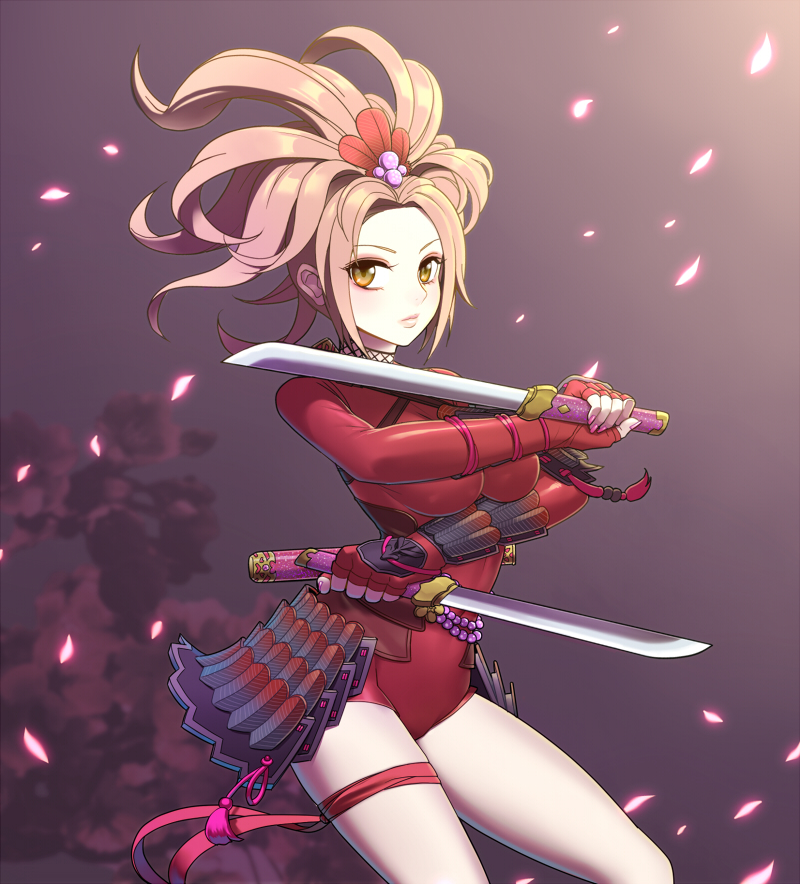 1girl, armor, blonde_hair, bodysuit, cherry_blossoms, dual_wielding, eyeshadow, fingerless_gloves