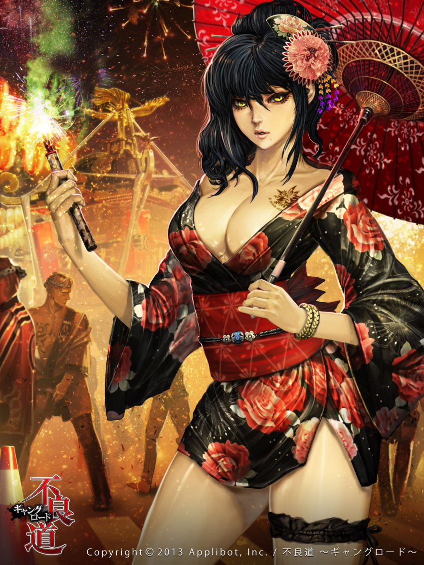 1girl, black_hair, bracelet, breasts, chopsticks, cleavage, fireworks, furyou_michi_~gang_road~