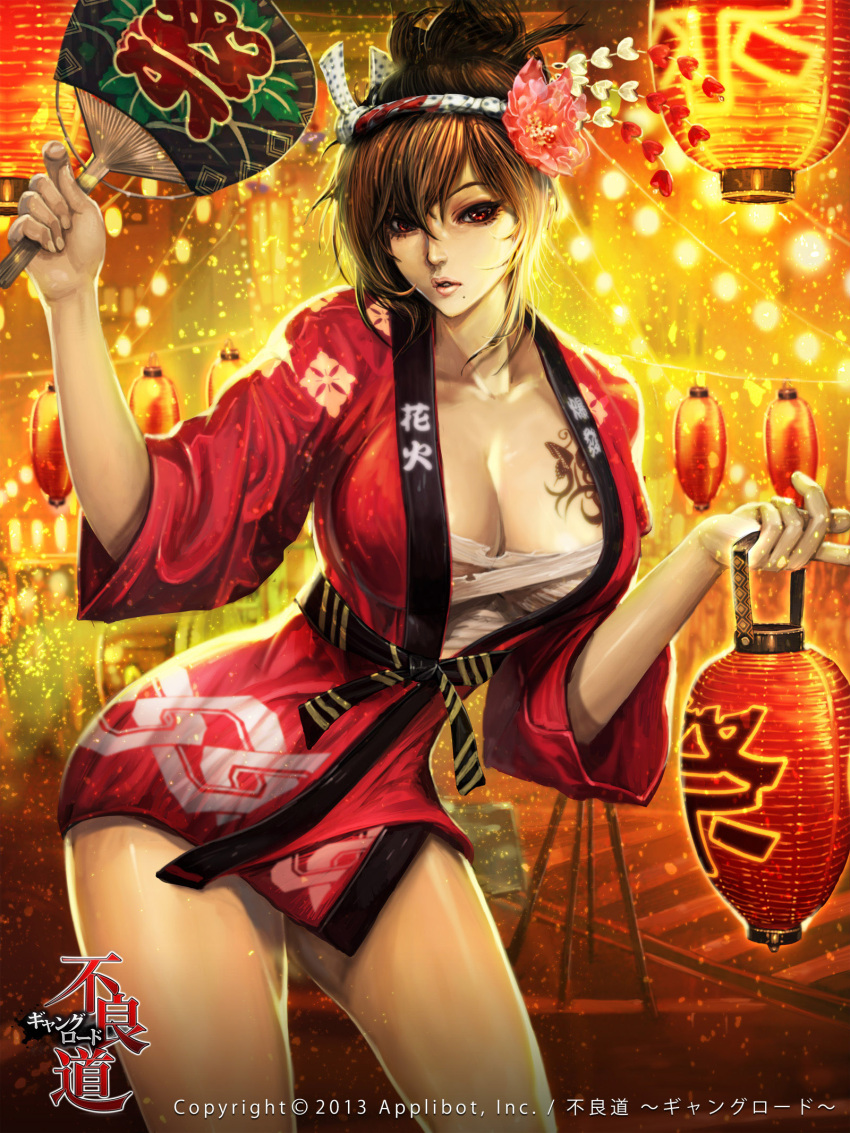 1girl, breasts, brown_eyes, brown_hair, cleavage, copyright_name, fan, flower