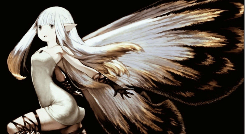 1girl, aerie_(bravely_default), arched_back, black_legwear, bravely_default:_flying_fairy, butterfly_wings, dress, fairy