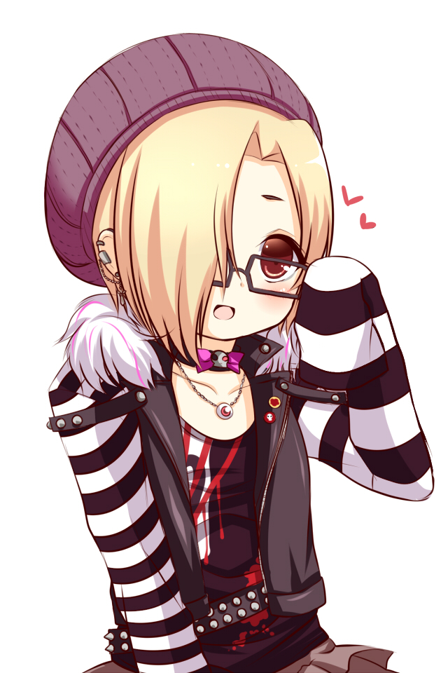 1girl, bags_under_eyes, blonde_hair, blush, brown_eyes, choker, earrings, fur_trim