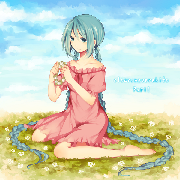 1girl, absurdly_long_hair, aqua_eyes, aqua_hair, braid, dress, hatsune_miku, kogarashi_midori, long_hair, sitting, solo, twin_braids, twintails, very_long_hair, vocaloid, wariza
