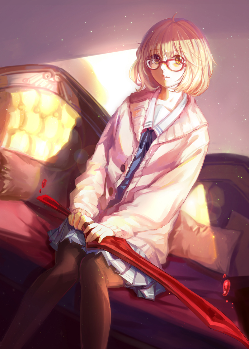 1girl, black_legwear, blood, blood_sword, blush, bob_cut, brown_eyes, cardigan