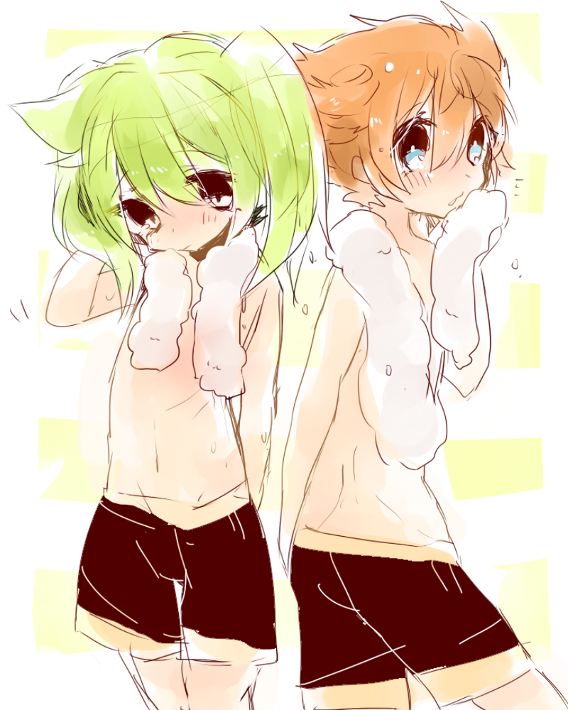 2boys, blue_eyes, blush, brown_hair, fei_rune, green_hair, inazuma_eleven_(series), inazuma_eleven_go
