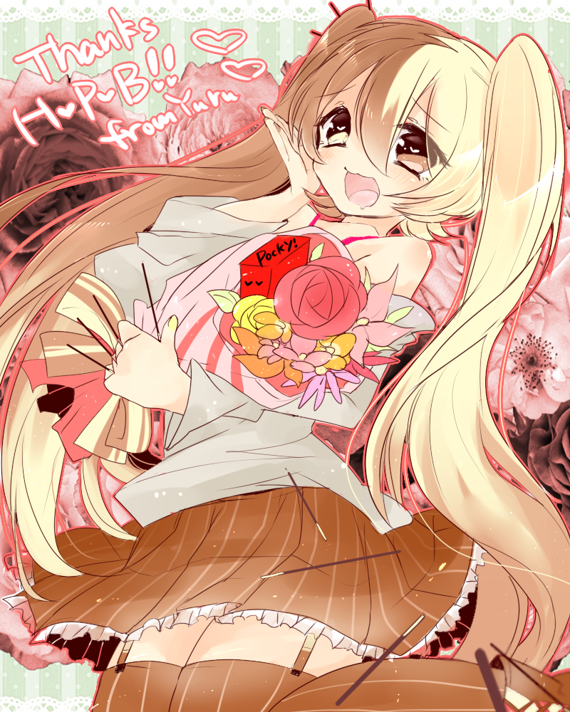 1girl, alternate_eye_color, alternate_hair_color, brown_eyes, english, flower, hatsune_miku, heart, long_hair, open_mouth, pocky, pocky_miku, skirt, solo, tanda_yuru, thighhighs, twintails, very_long_hair, vocaloid