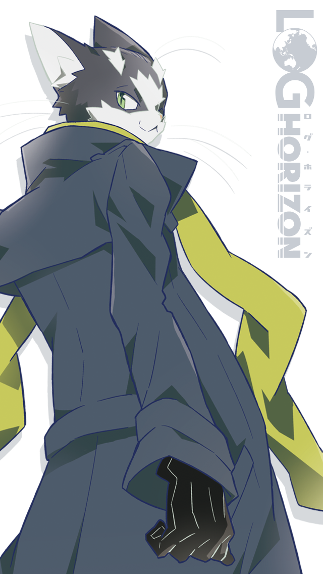 1boy, cat, gloves, green_eyes, hara_kazuhiro, log_horizon, long_coat, nyanta_(log_horizon)