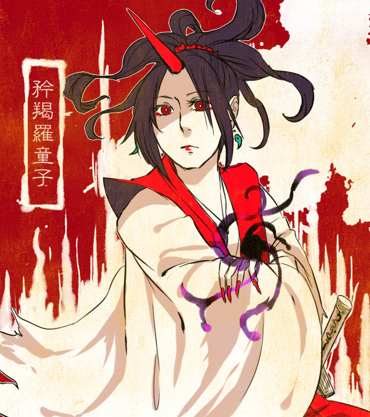 black_hair, crossed_arms, earrings, eyeshadow, fingernails, japanese_clothes, jewelry, kanji