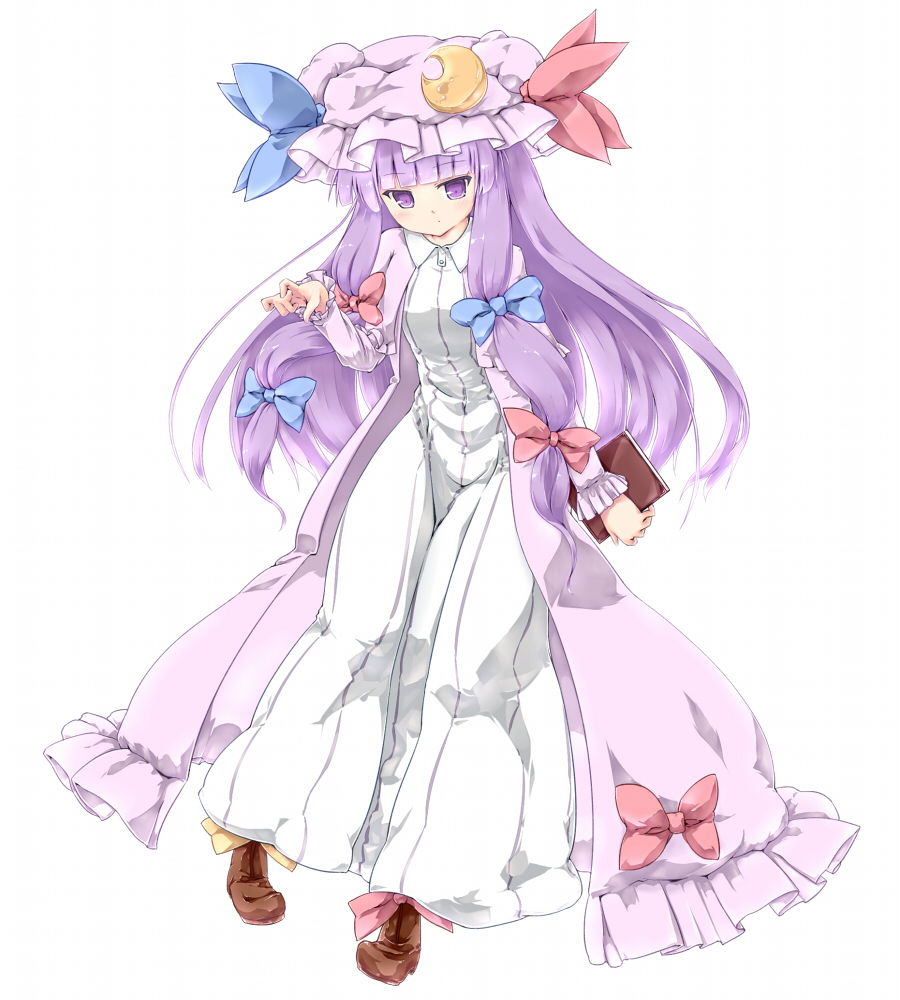 1girl, book, coo, crescent, dress, hair_ribbon, hat, long_hair