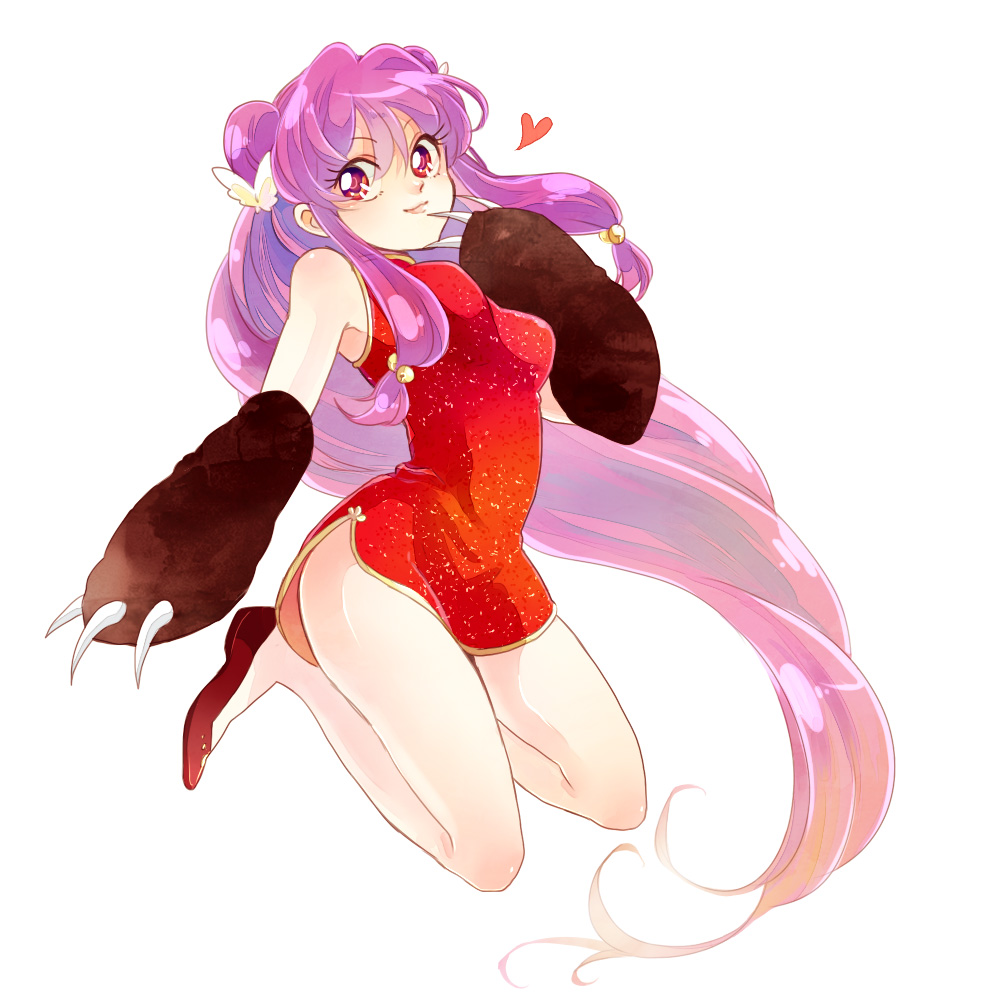 1girl, bare_legs, bear_paw, chinese_clothes, dress, full_body, jumping, long_hair, purple_hair, ranma_1/2, red_dress, red_eyes, shampoo_(ranma_1/2), short_dress, side_slit, sleeveless, tsuntsun_(tuuuuuuntun), very_long_hair