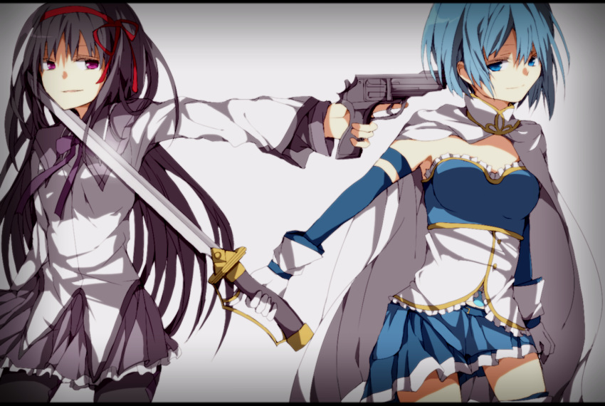 2girls, akemi_homura, armband, black_hair, blue_eyes, gloves, gun, hair_ribbon