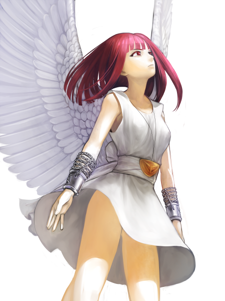 1girl, angel_wings, belt, chain, cuffs, dress, dress_lift, feathered_wings