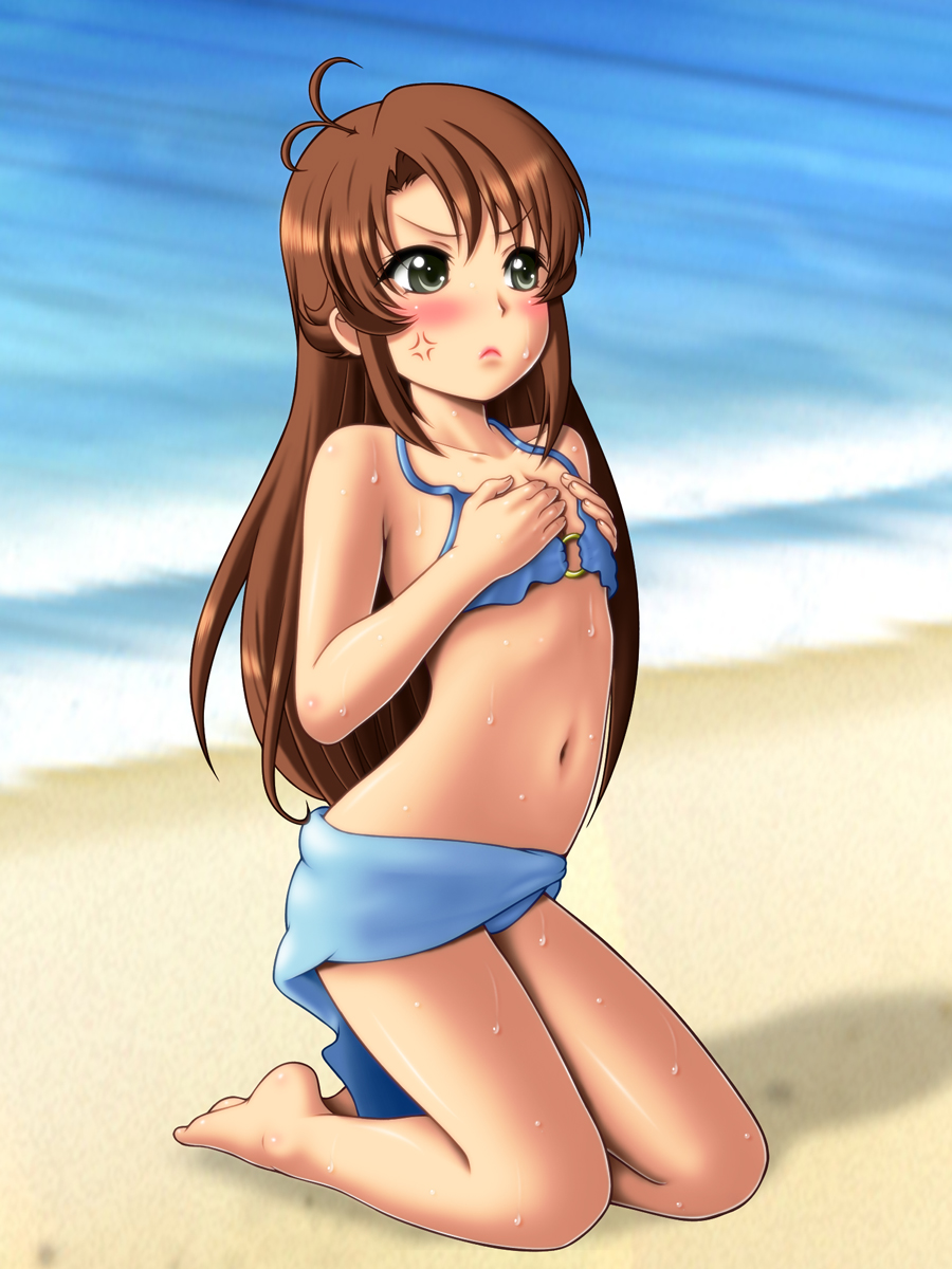 1girl, ahoge, bikini, brown_hair, covering, covering_breasts, highres, kimuti-g, koshigaya_komari, long_hair, non_non_biyori, small_breasts, solo, swimsuit
