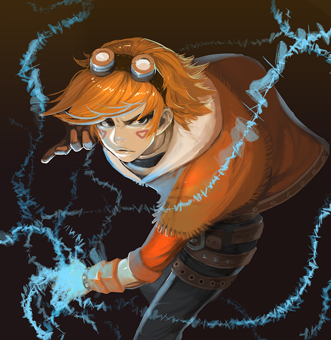 1boy, electricity, ezreal, facial_tattoo, fighting_stance, glowing, glowing_eye, goggles