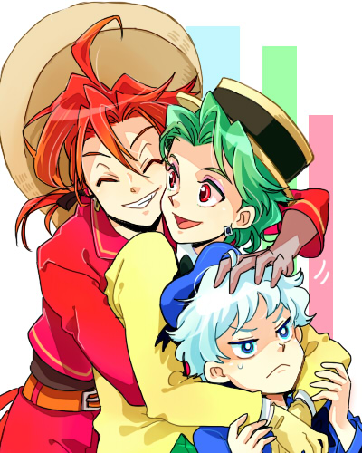 3boys, :<, closed_eyes, donald_duck, earrings, green_hair, grin, hand_on_another's_head