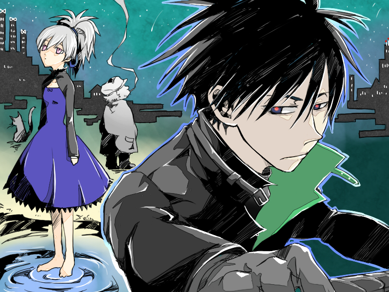 barefoot, black_cat, black_hair, cat, darker_than_black, dress, hei, huang