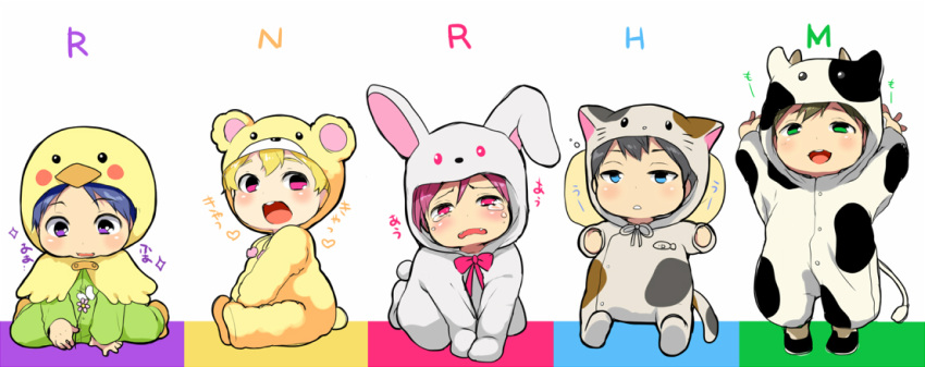 5boys, animal_costume, baby, bear_costume, bird_costume, black_hair, blonde_hair, blue_eyes